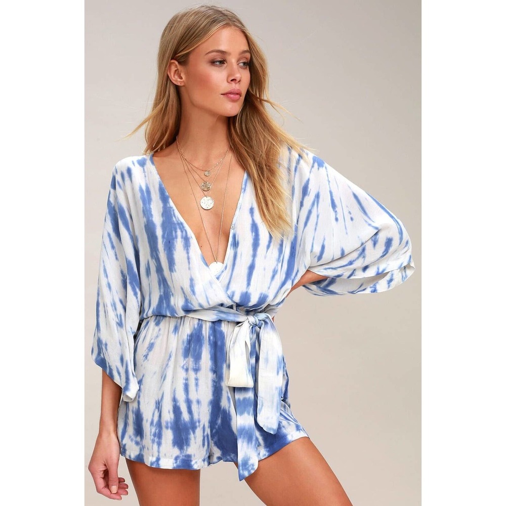 LULUS Blue Tie Dye Romper Size M Seaside Gale Surplice Top